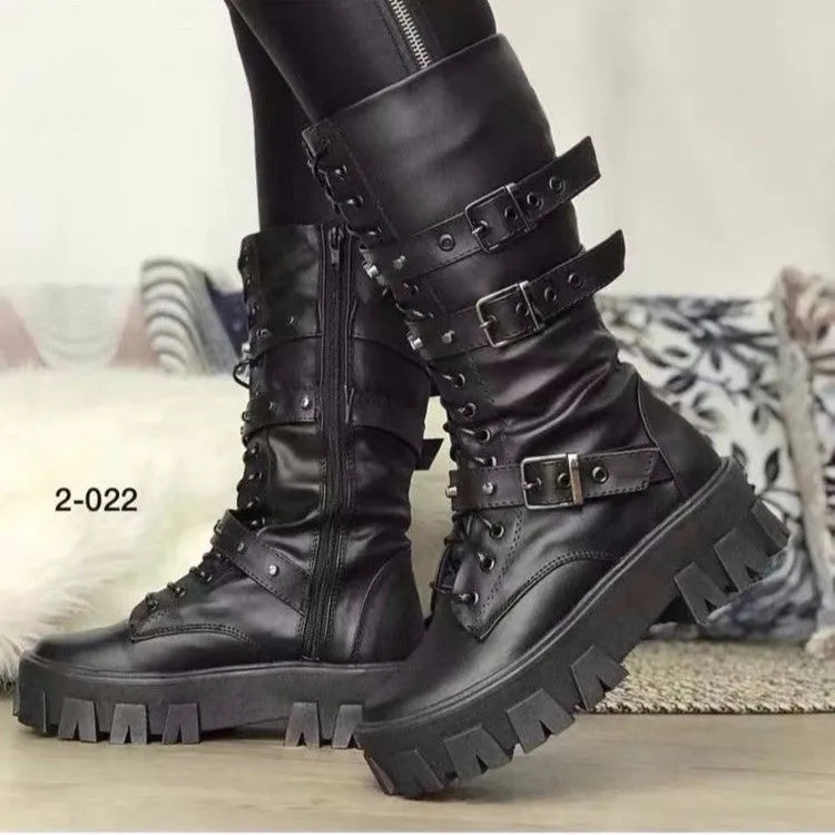 Black women's mid-calf knight boots with metal buckle straps and a side zipper on a round toe.