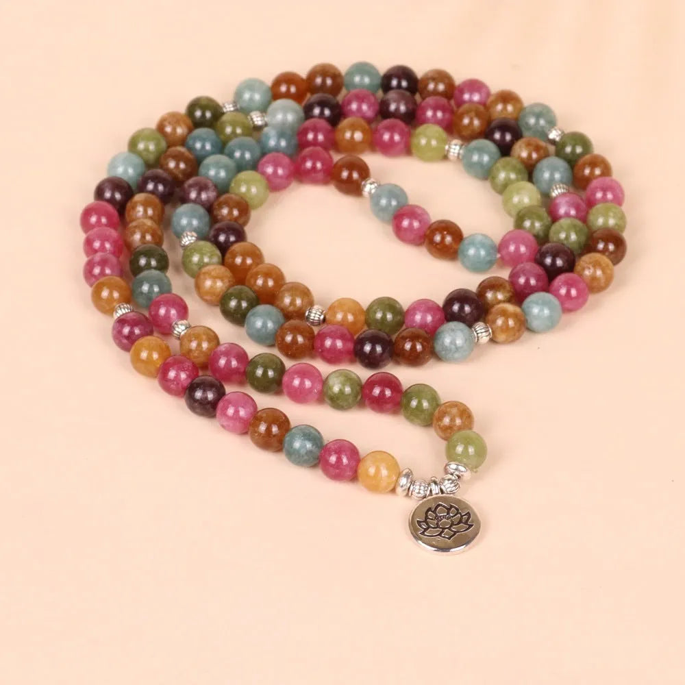 Tourmaline-colour lotus bead multi-layer bracelet with 108 beads on alloy string