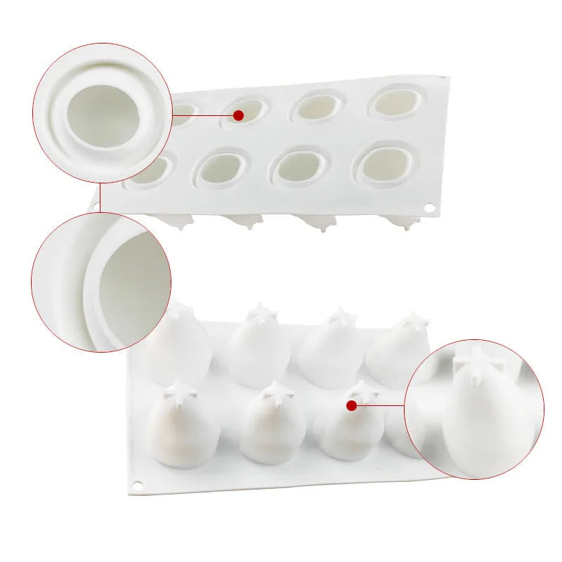 Silicone baking mould with six cavities shaped like pineapples, pine cones, and pears for making mousse desserts.