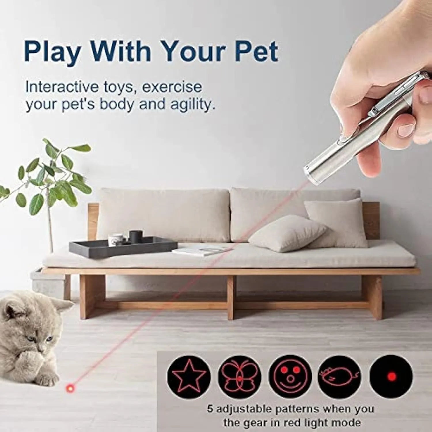 Silver aluminium cat toy pointer wand with light patterns for interactive indoor pet play