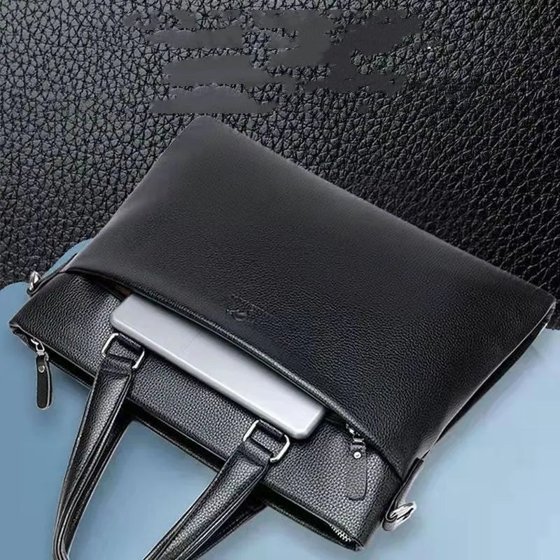 Black and brown PU leather men's messenger bag with shoulder strap showing splicing detail
