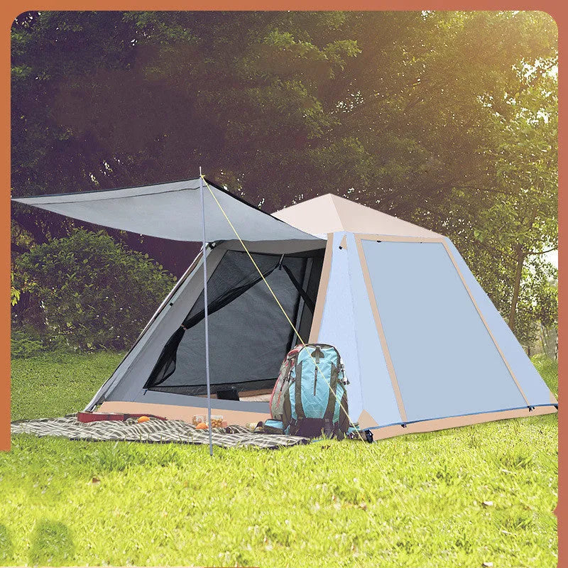 White fully automatic quick-open camping tent with double-layer aluminium poles, 220x220x168cm, 3-5 person, anti-mosquito mesh