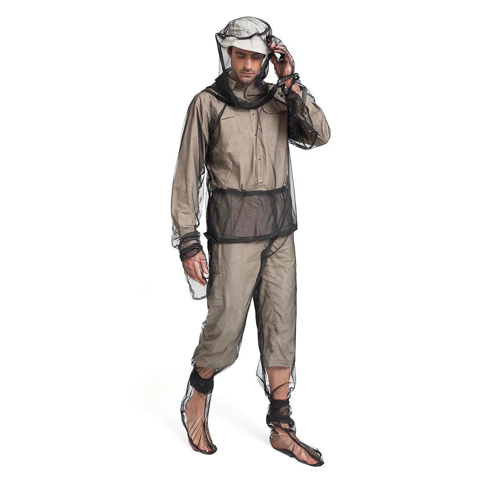 Mosquito protection suit set in mesh fabric, showing hooded top, pants, and booties for outdoor use.
