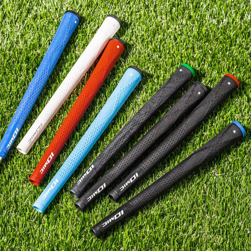 TPE material golf club replacement grip shown in multiple colour options including pink, red, blue, and two-tone designs.