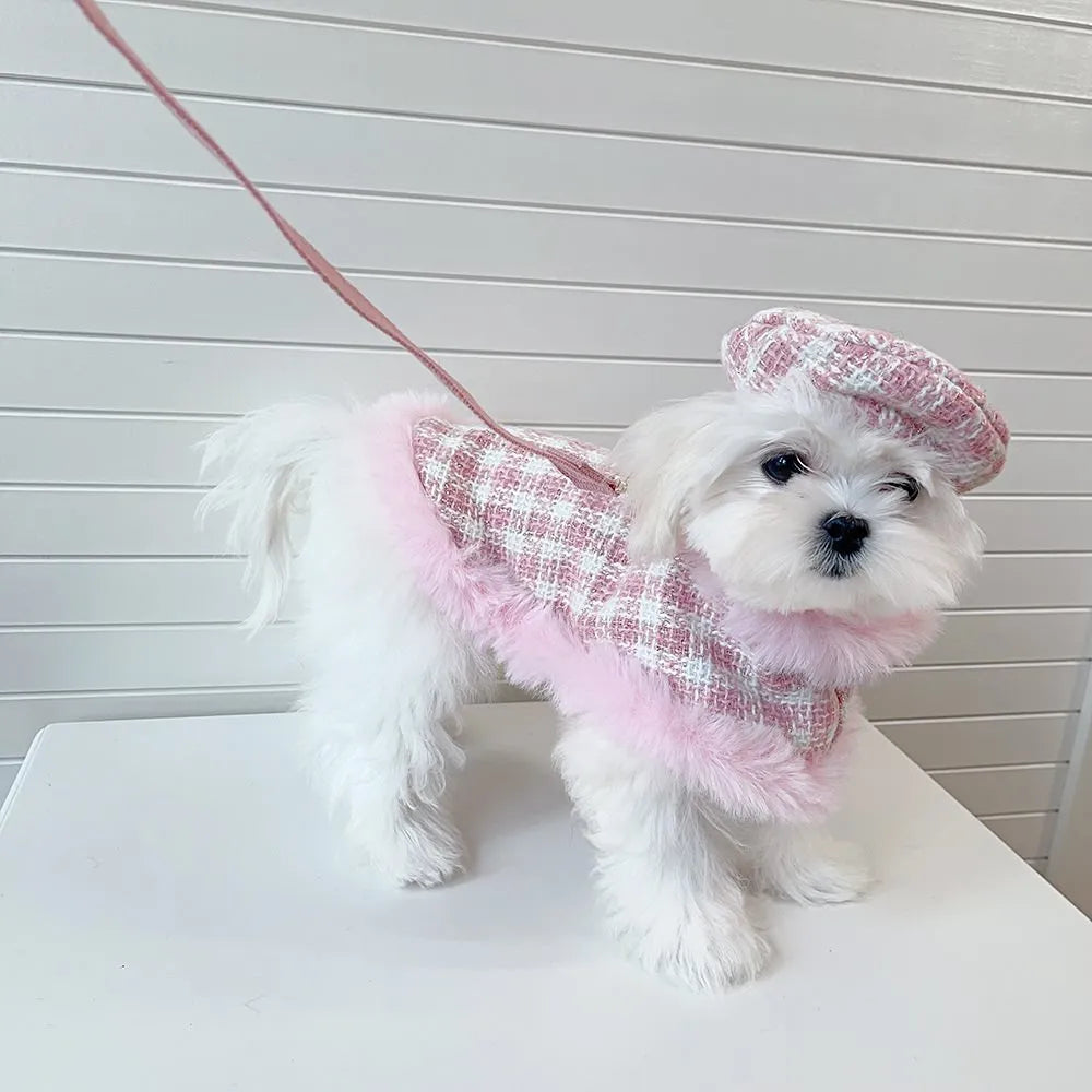 Pink polyester cat clothing set with cloak, beret and drawstring on small cat
