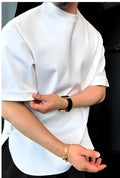 Men's white buttoned placket t-shirt with round hem and short sleeves