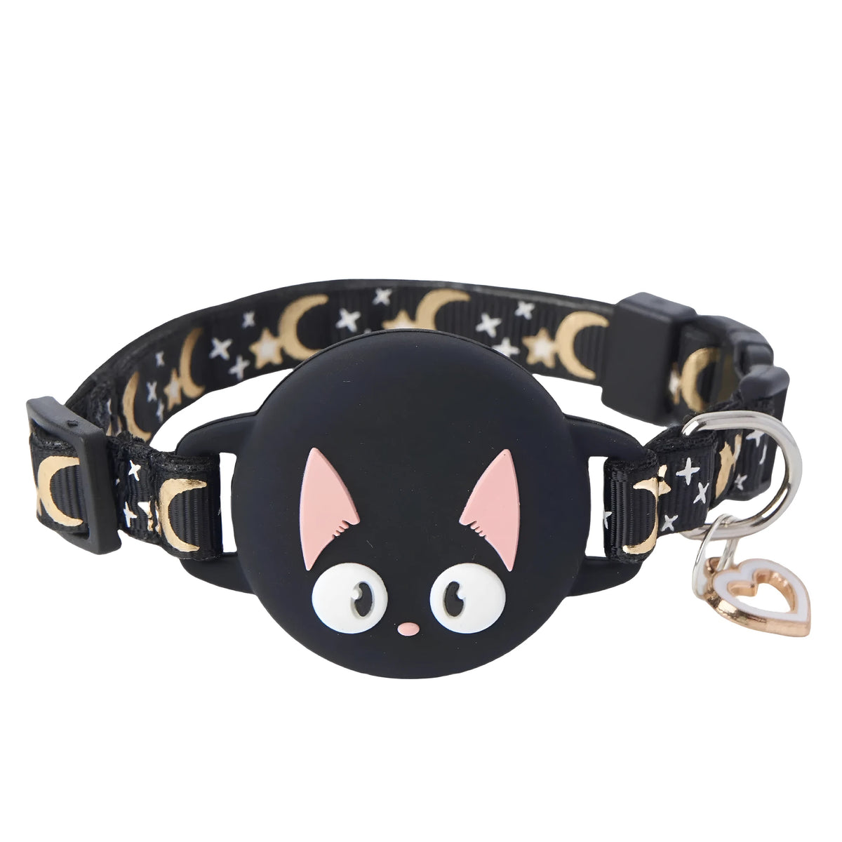 Pink plastic AirTag protective case for cat collar, shown with adjustable band and Apple AirTag.