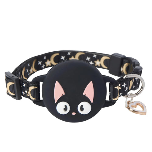 Pink plastic AirTag protective case for cat collar, shown with adjustable band and Apple AirTag.