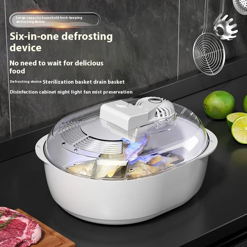 Household aluminium quick defrosting plate device on a kitchen countertop.
