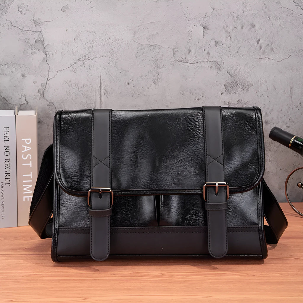 Black Korean style men's anti-theft backpack with PU construction and decorative sewing thread details