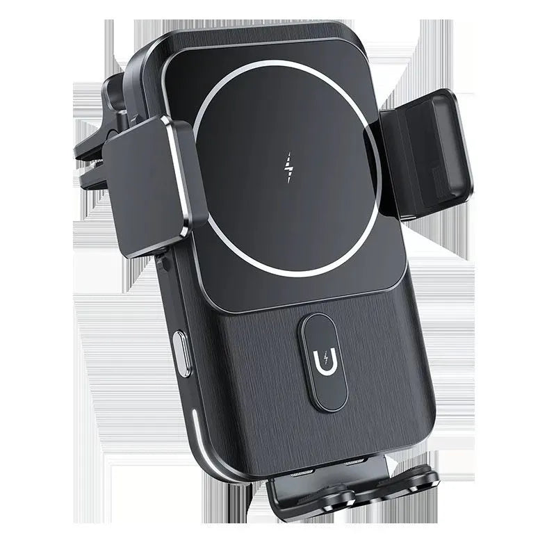Black car wireless phone charger holder showing 15W charging and clip/suction cup mounting options
