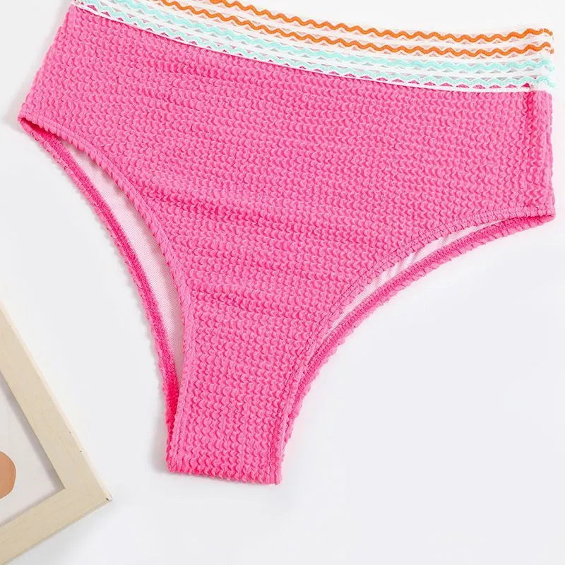 Women's solid pink high waist nylon bikini set shown front and back.