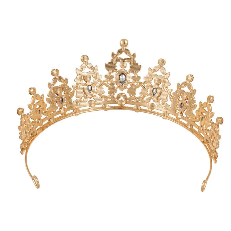 Baroque style crown headdress with rhinestone details in silver or gold alloy finish for bridal use