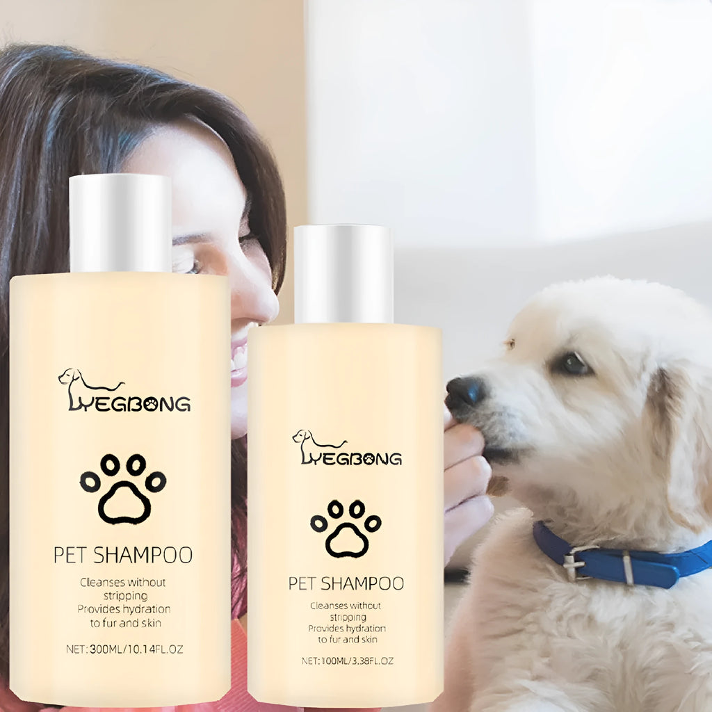 Bottle of mild pet shampoo for dogs and cats, available in 100ml and 300ml sizes.