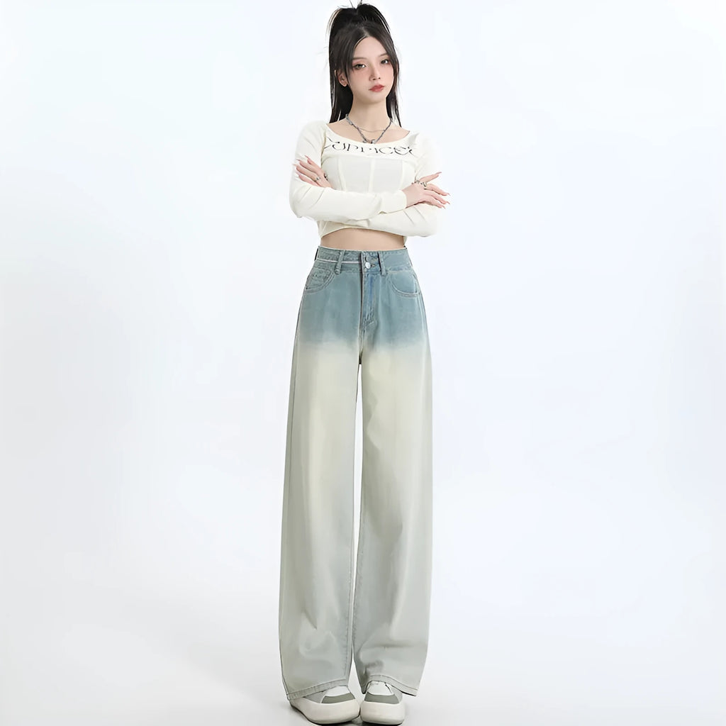 Gradient blue women's straight-leg wide-cut denim trousers laid flat