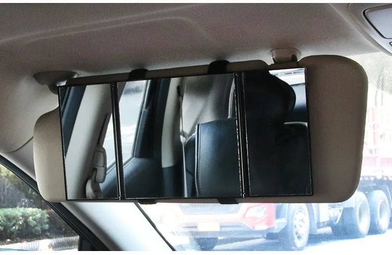 Silver folding car makeup mirror shown closed at 15.5 cm wide, suitable for mounting on a car visor.