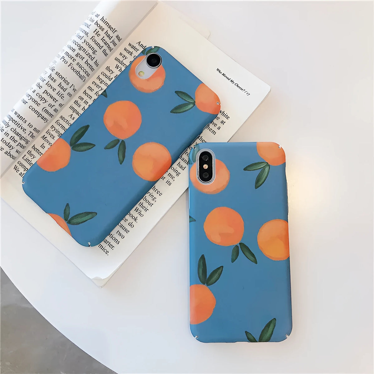 Orange retro plastic iPhone case with blue water pattern background design