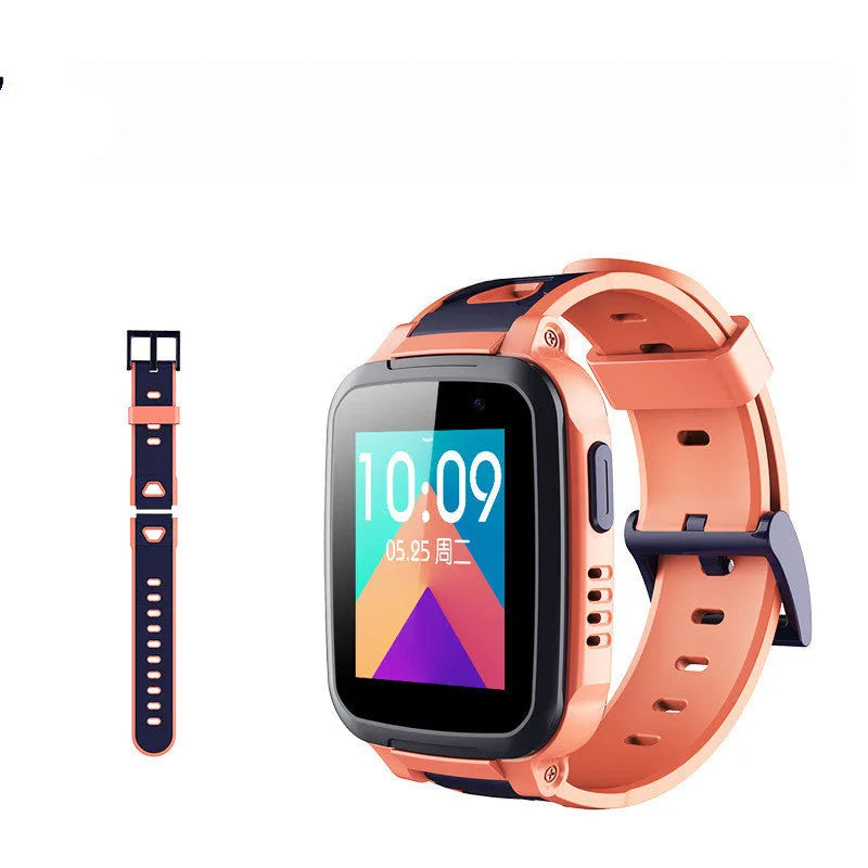 360 SE5 blue children's waterproof phone watch with stainless steel wristband on a wrist.