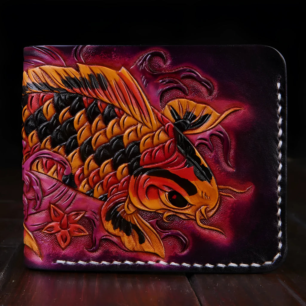 Men's carved leather short wallet in red, blue, or gold with open style design