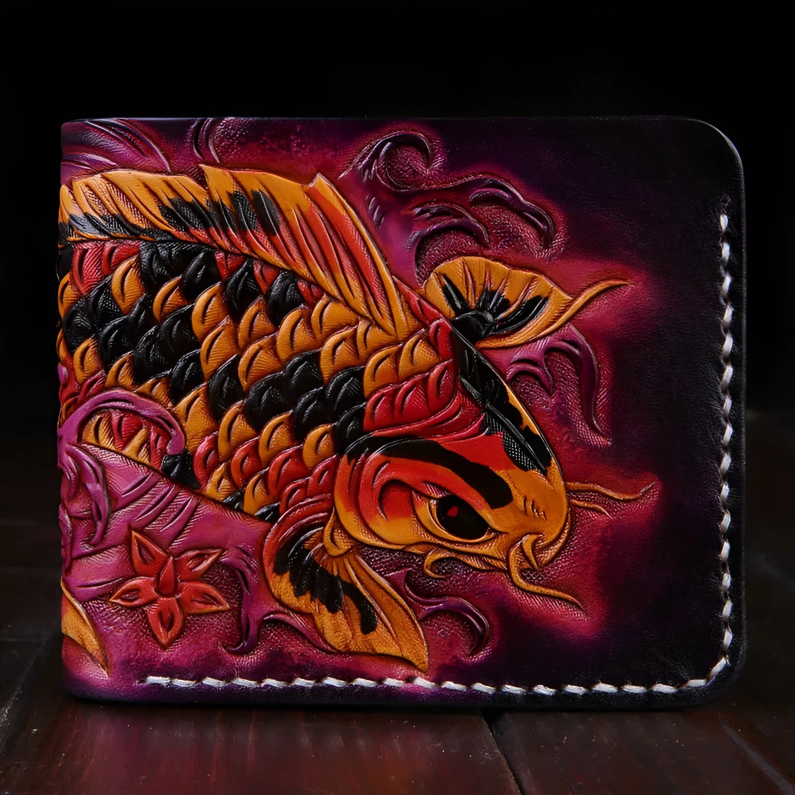 Men's carved leather short wallet in red, blue, or gold with open style design