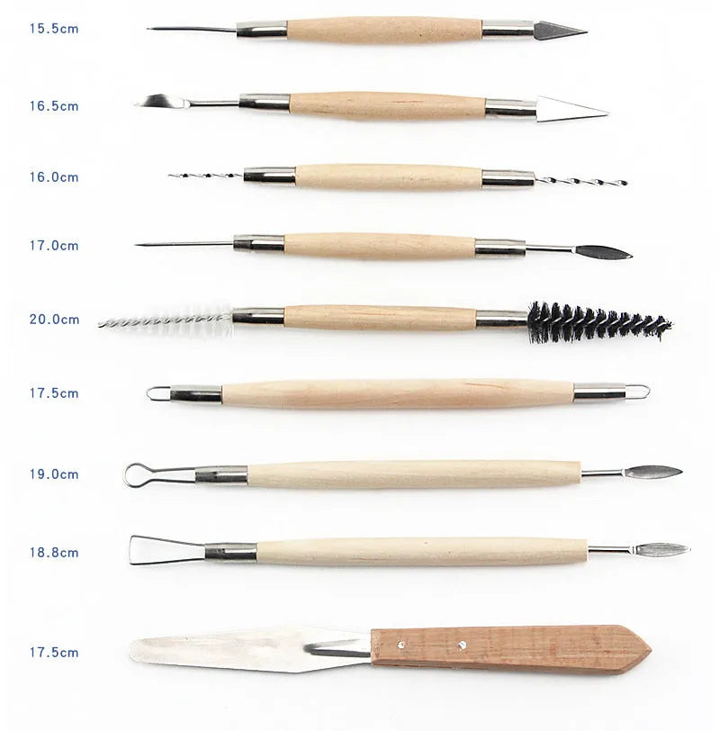 27-piece brown pottery clay tool set with stainless steel, wooden and plastic tools rolled in an OPP storage bag