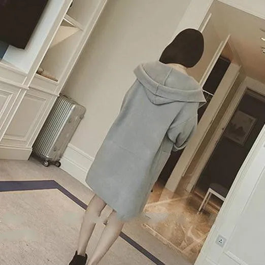 Plus size women's loose fit thin cotton coat in grey with lace detail, long sleeves.