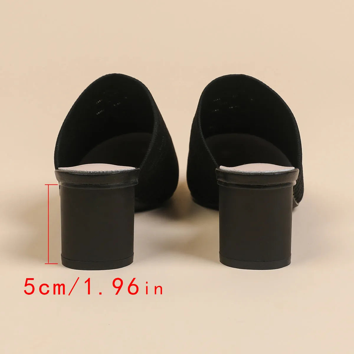 Women's pointed toe sandals with a fabric upper and 5cm chunky heel in fishing line colours.