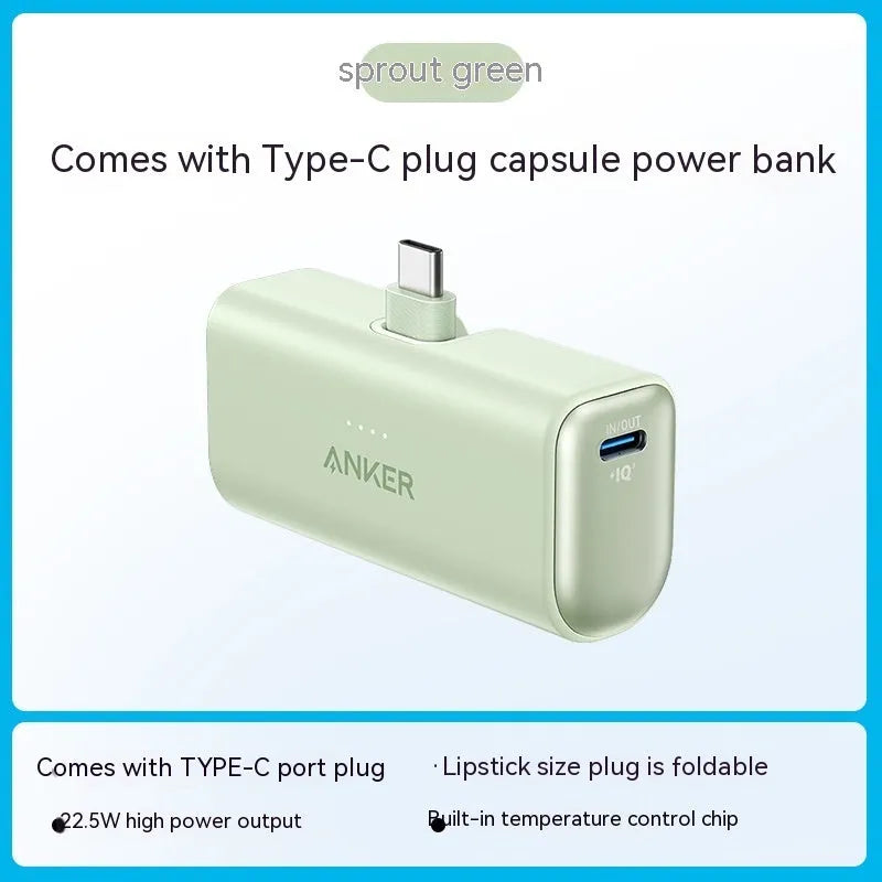 Compact capsule-shaped plastic power bank in five colours showing foldable charging head and Type-C port