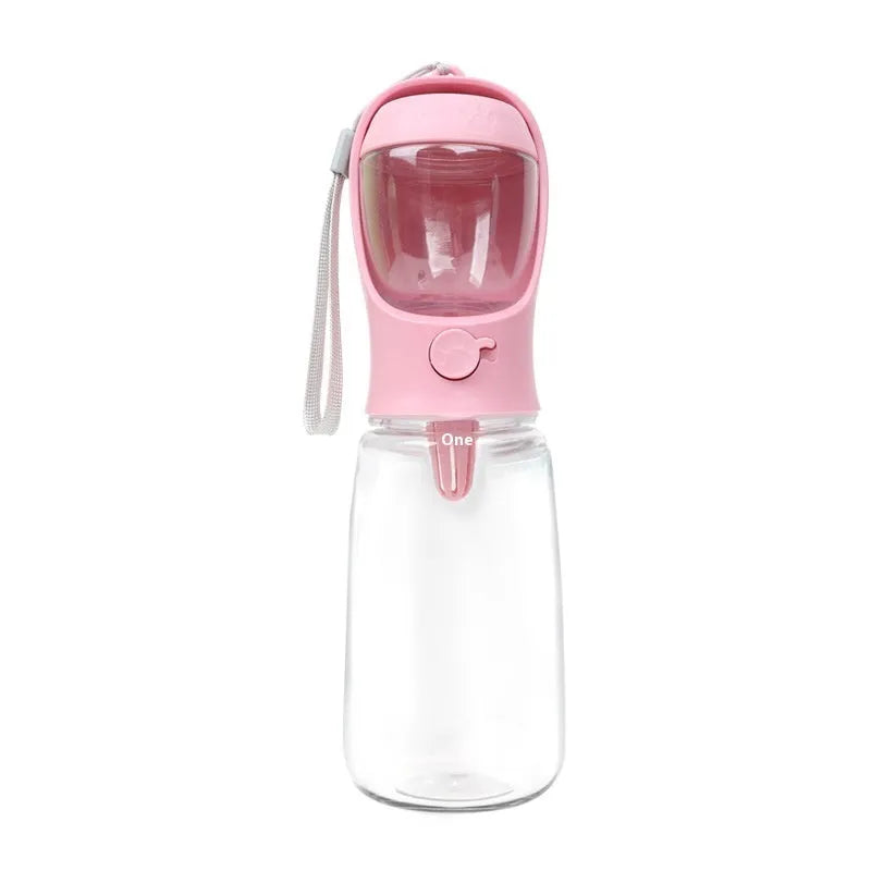 Blue portable plastic dog water bottle with integrated drinking trough for outings.