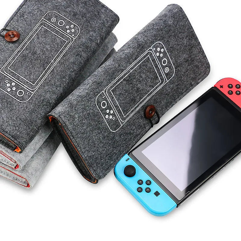 Black felt pouch for Nintendo Switch with game card slots and double layer storage compartments