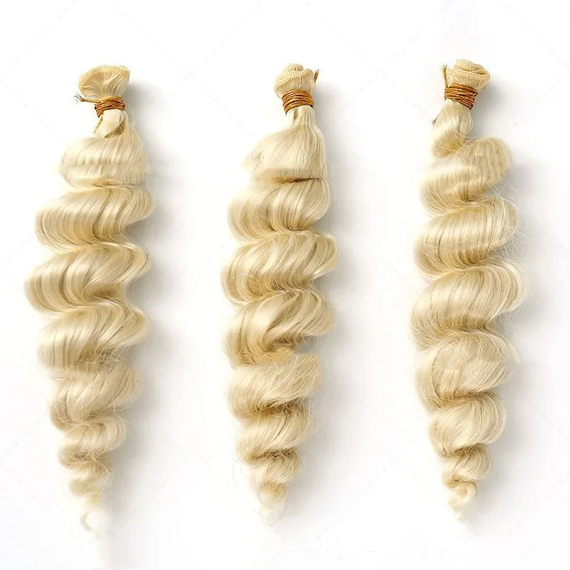 Women's golden synthetic wig showing length options with heat-resistant chemical fibre material