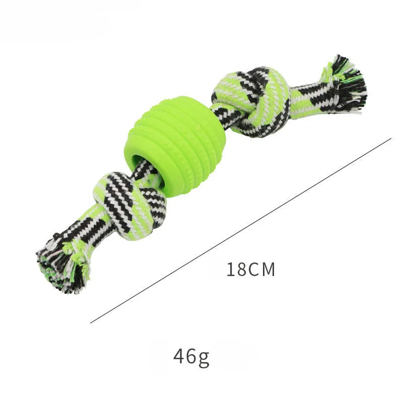 Blue soft dog chew toy with molar-shaped textured head and integrated knotted rope for dental care.