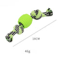 Blue soft dog chew toy with molar-shaped textured head and integrated knotted rope for dental care.
