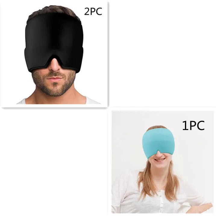 Black elastic cloth gel eye mask for headache relief showing adjustable design