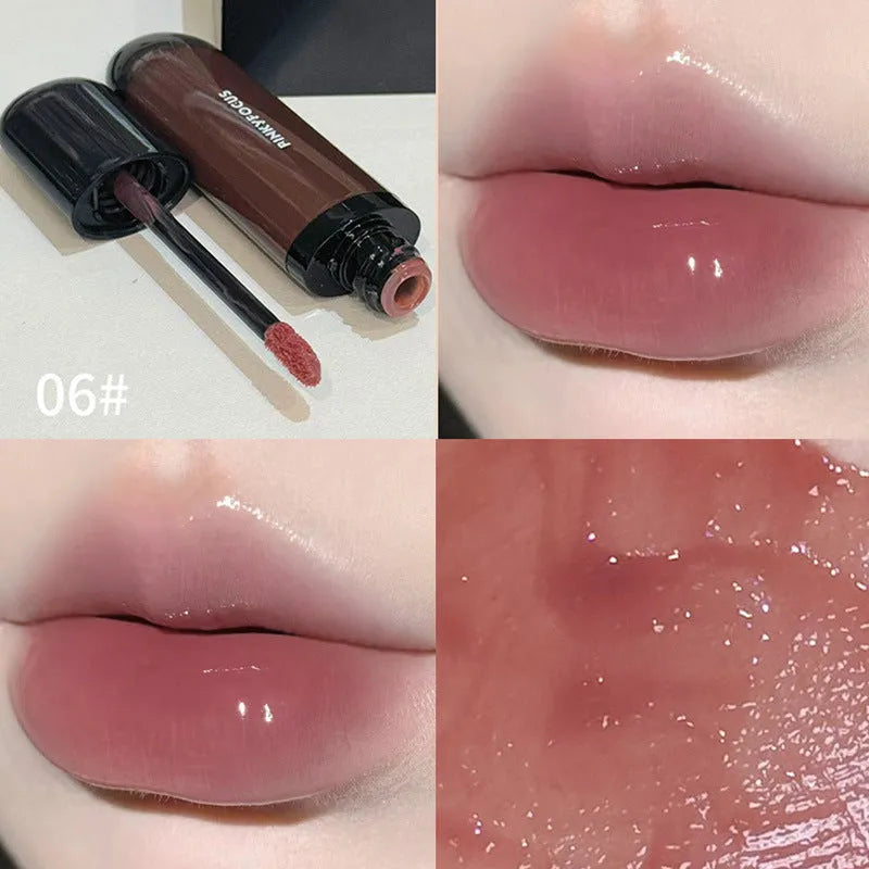 Black Shiny Mirror Lip Lacquer tube with six colour options including red, brown, and rose.