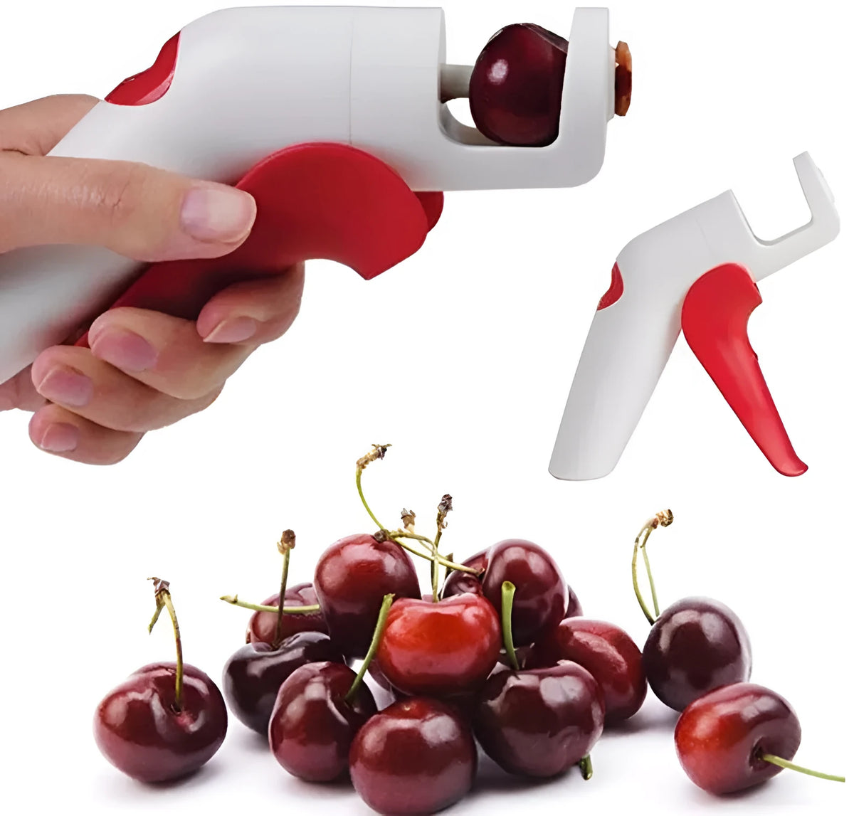 Stainless steel cherry pitter kitchen gadget with soft grip handles for removing stones from fruit.