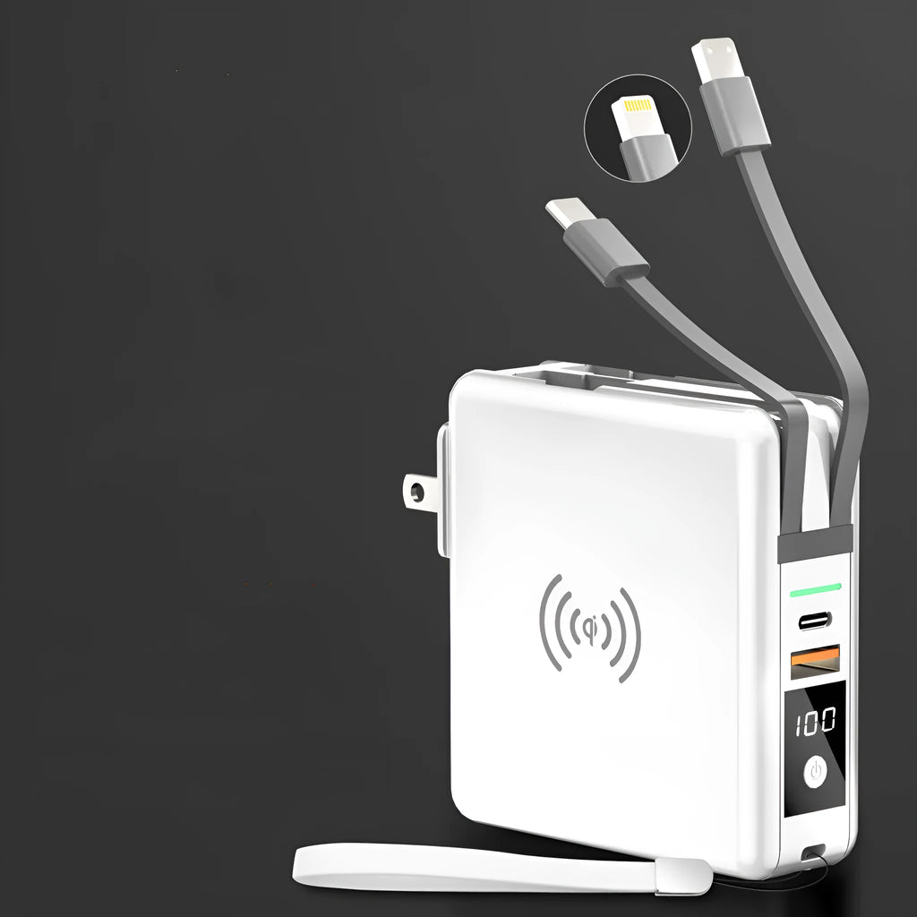 Super QI wireless charging power bank with built-in AC plug and international travel adapter in black or white colour