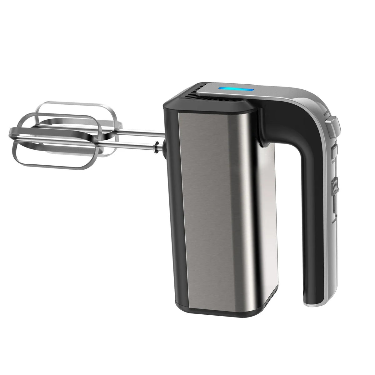 Silver handheld mini electric mixer with stainless steel beaters on a 5-speed dial.