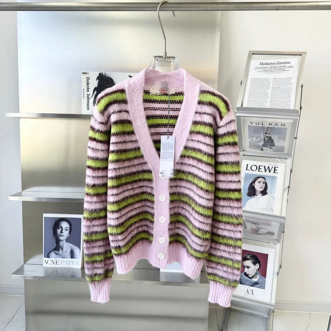 Pink women's wool cardigan sweater with contrast detail, shown in round neck and open cardigan styles