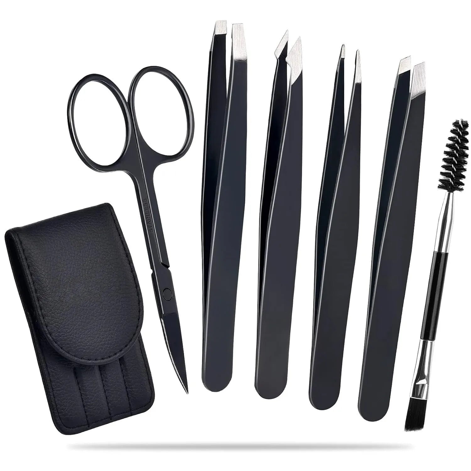 Black leather case containing six piece stainless steel eyebrow tweezers set with curved scissors and brush