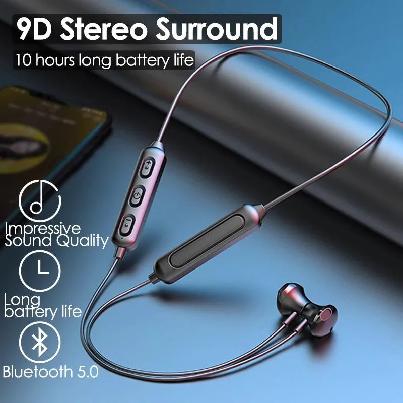 Black neck-mounted wireless Bluetooth sports earphones with bilateral stereo design