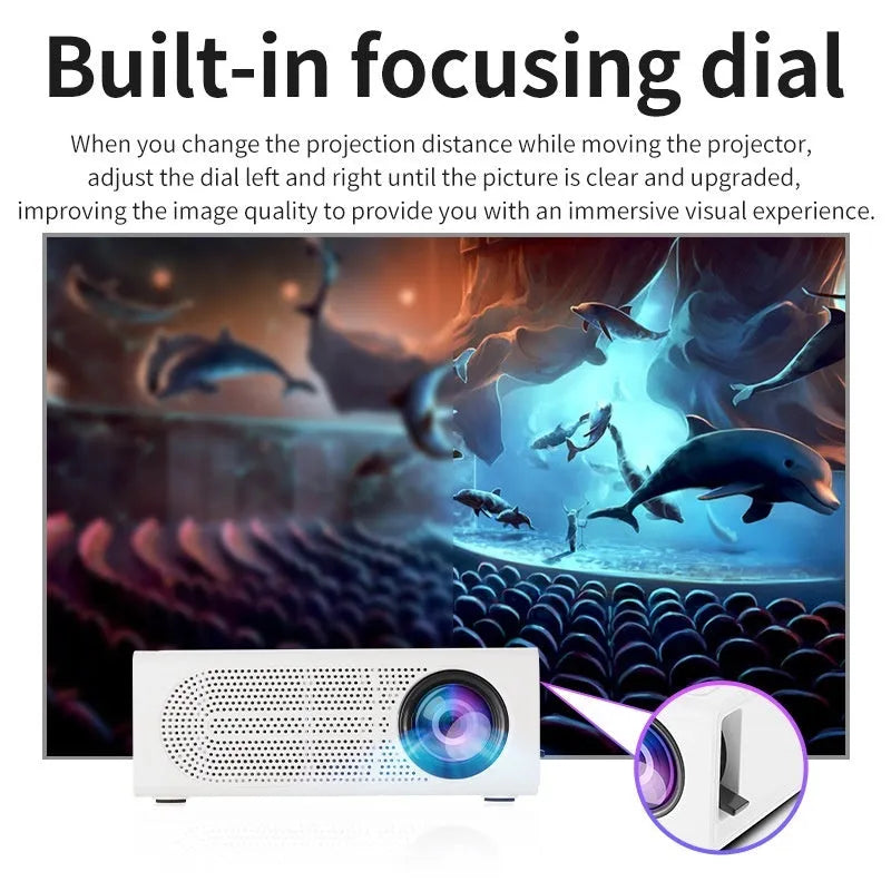 Portable mini projector in black colour with mobile phone connection cable and UK plug adapter