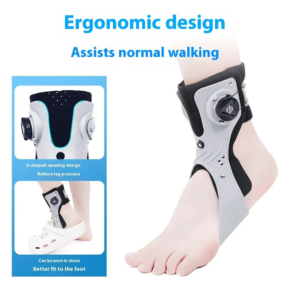 Grey ankle support brace with airbag button closure system for left foot