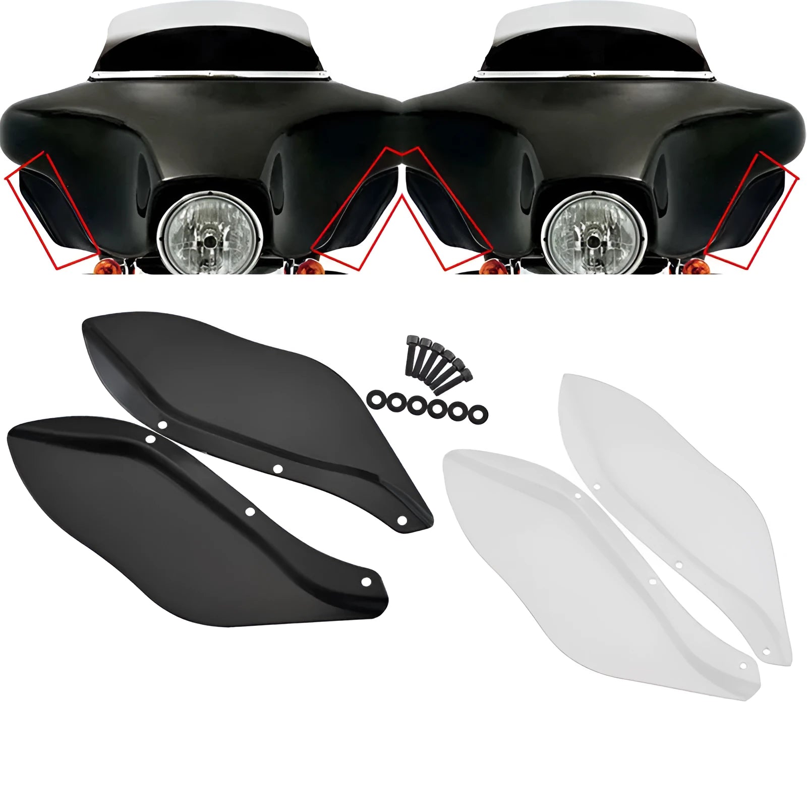 Harley-Davidson Touring motorcycle side wing windshield covers in black and transparent ABS plastic