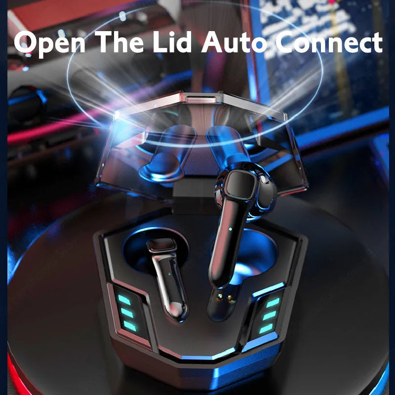 Wireless Bluetooth gaming headset with compact black design and noise reduction features