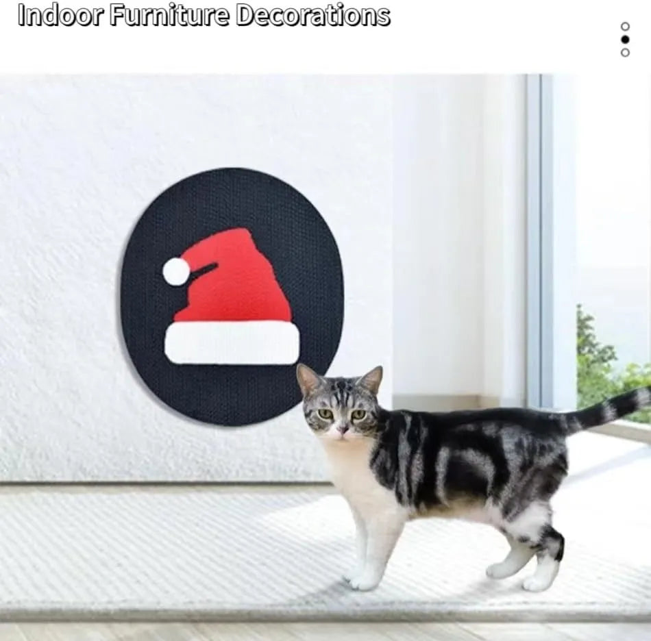 Wall-mounted corrugated cardboard cat scratcher pad on a wall, showing one of four design options.