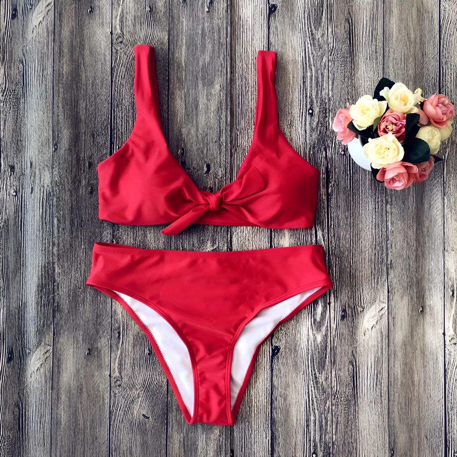 Women's pure colour bikini swimsuit in polyester fabric showing colour options