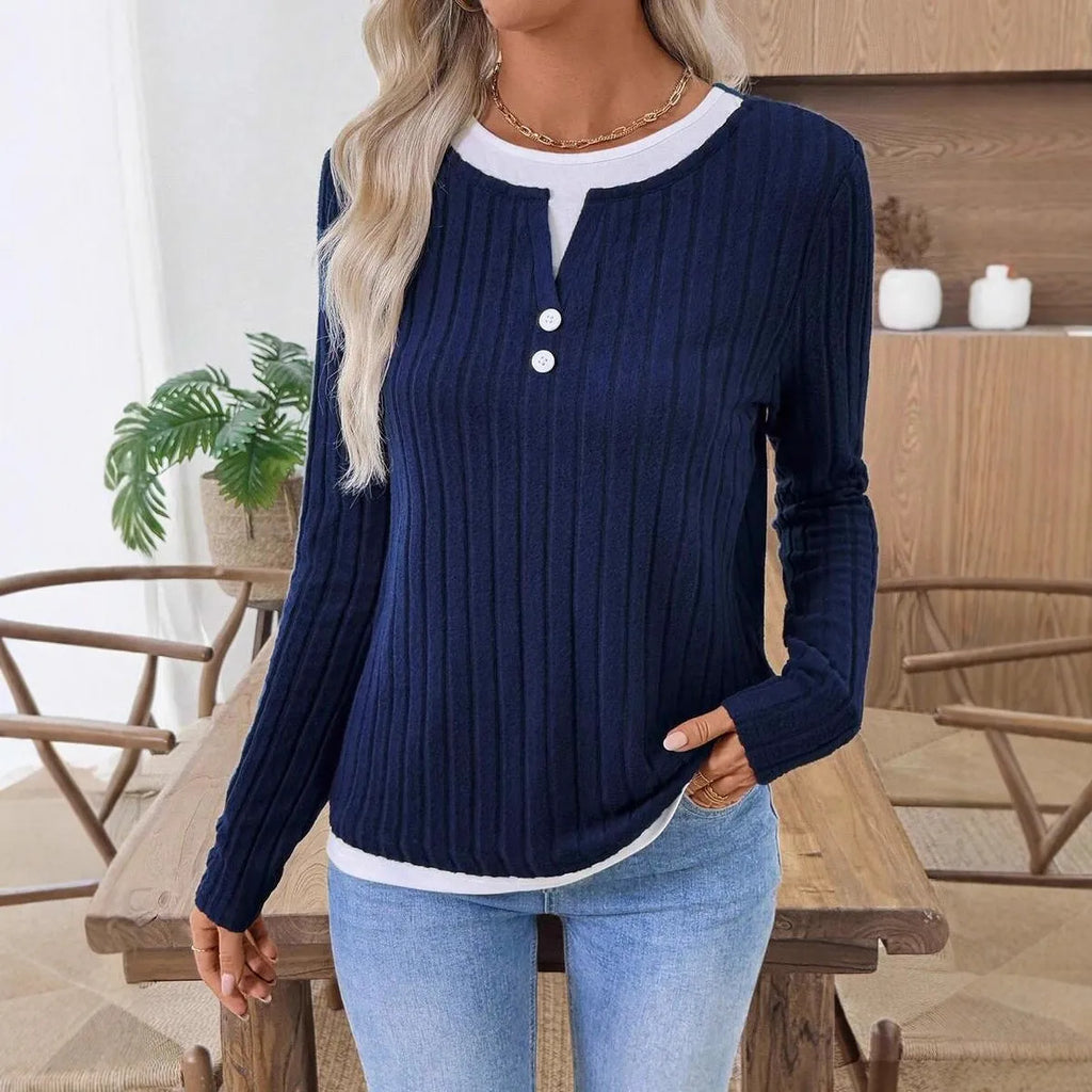 Women's fake two-piece round neck button pullover sweater with concave stripe fabric