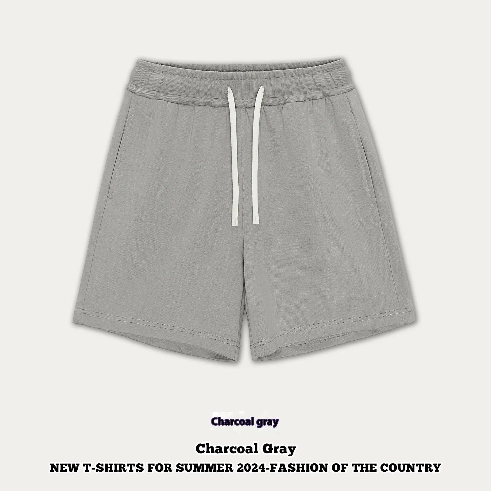 Children's loose cotton denim shorts in charcoal grey, cream apricot, khaki, grey green, and black colours