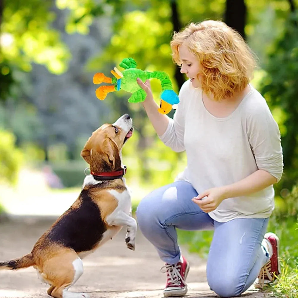 Chicken-shaped rubber dog toy producing screaming and squeaky sounds